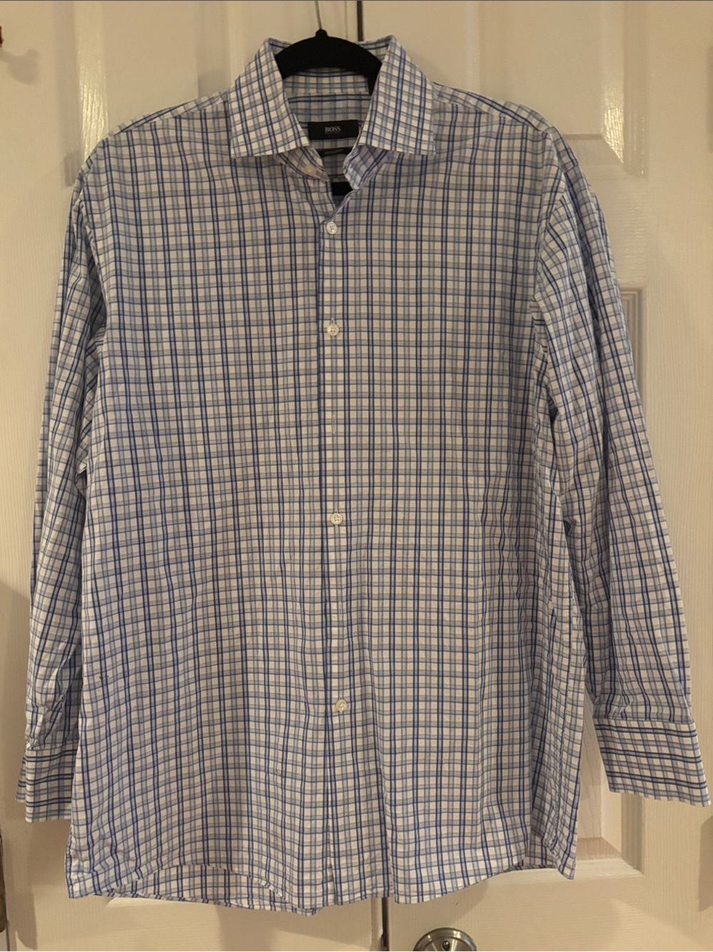 Boss Men’s Blue and White Checked Hugo Boss Dress Shirt